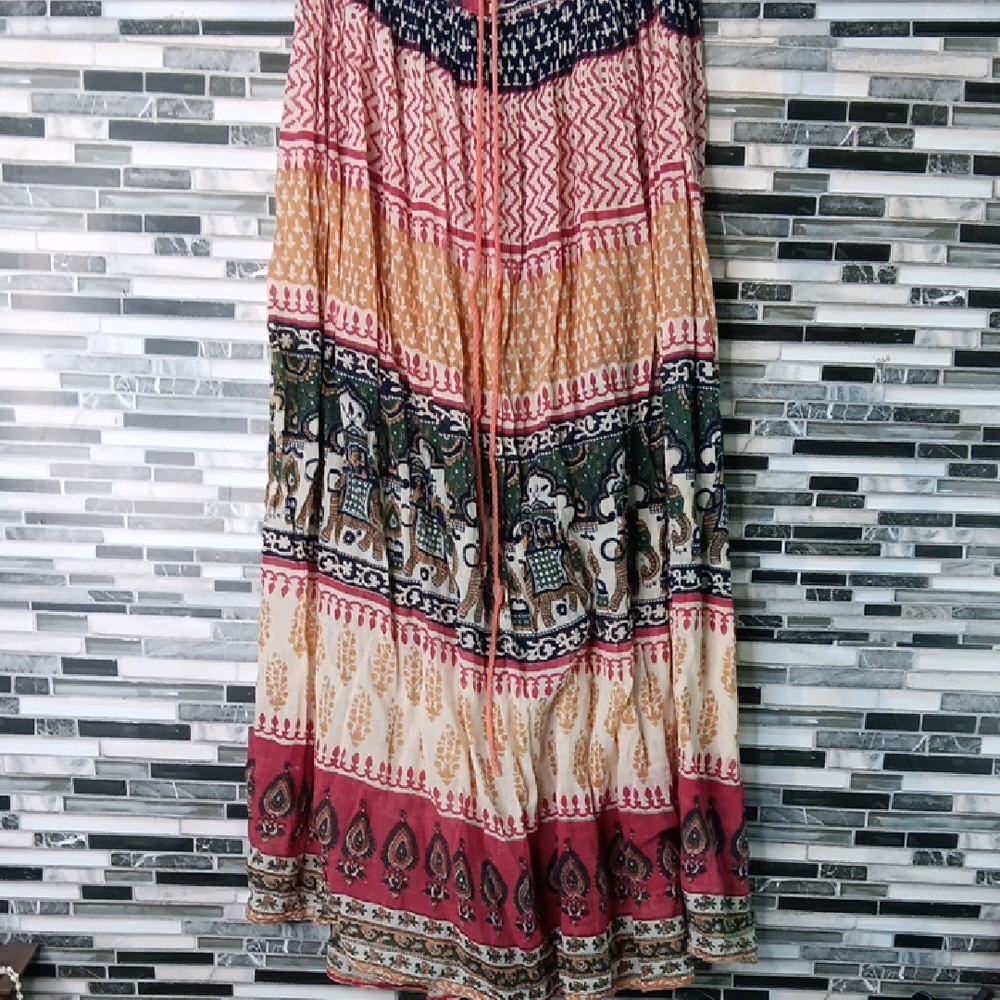 Vintage Bohemian Multicolor Sheer India Cotton Maxi Skirt Medium Gypsy Fairgoth